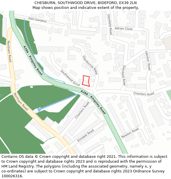 CHESBURN, SOUTHWOOD DRIVE, BIDEFORD, EX39 2LN: Location map and indicative extent of plot