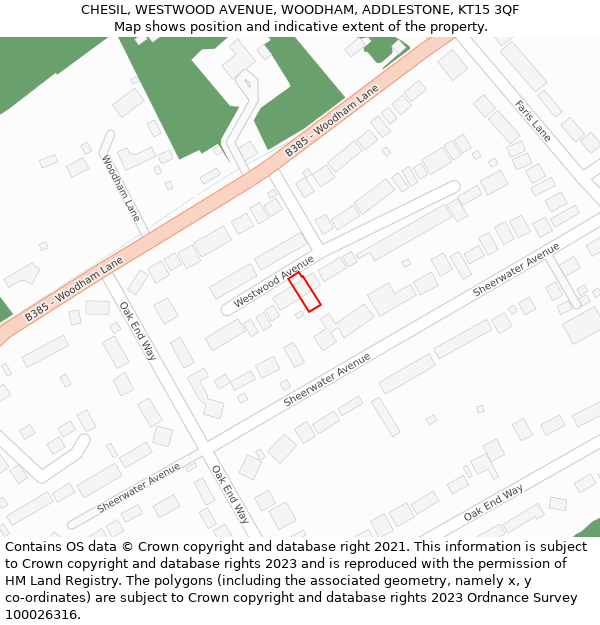 CHESIL, WESTWOOD AVENUE, WOODHAM, ADDLESTONE, KT15 3QF: Location map and indicative extent of plot