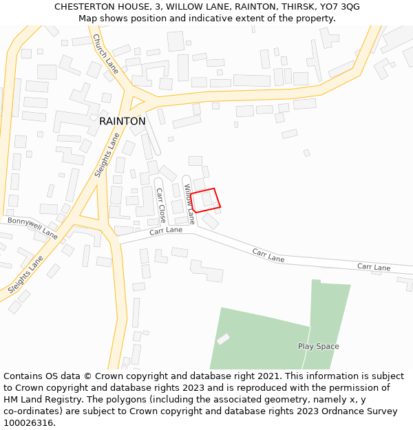 CHESTERTON HOUSE, 3, WILLOW LANE, RAINTON, THIRSK, YO7 3QG: Location map and indicative extent of plot