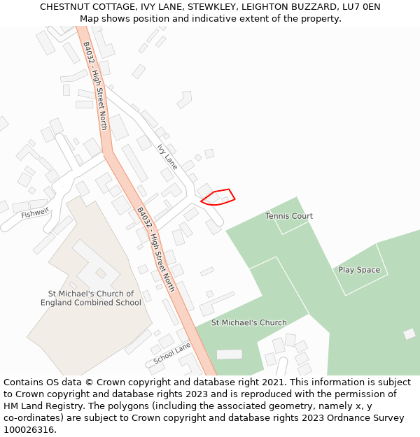CHESTNUT COTTAGE, IVY LANE, STEWKLEY, LEIGHTON BUZZARD, LU7 0EN: Location map and indicative extent of plot