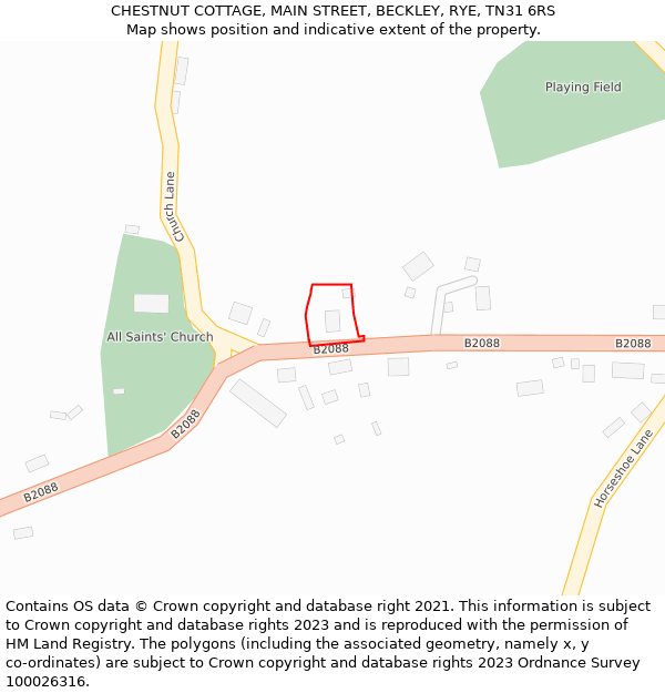 CHESTNUT COTTAGE, MAIN STREET, BECKLEY, RYE, TN31 6RS: Location map and indicative extent of plot