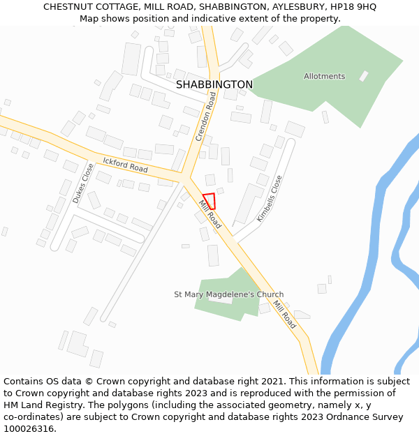 CHESTNUT COTTAGE, MILL ROAD, SHABBINGTON, AYLESBURY, HP18 9HQ: Location map and indicative extent of plot
