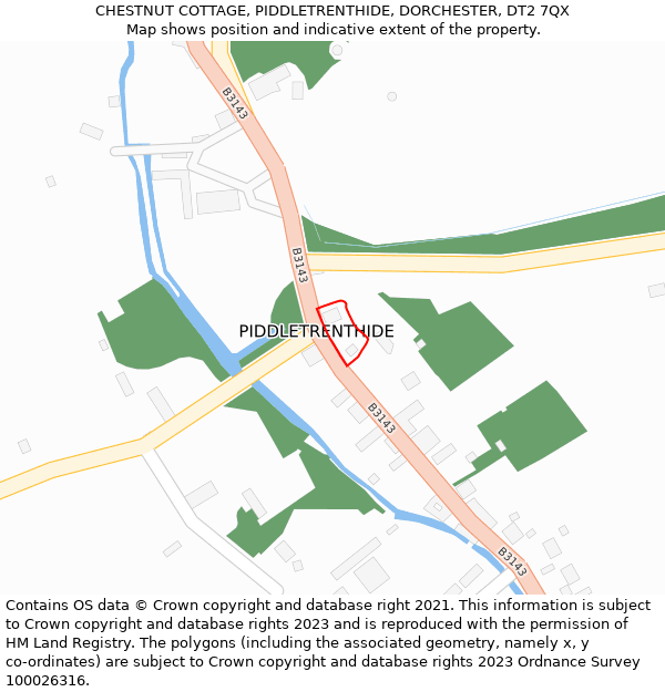 CHESTNUT COTTAGE, PIDDLETRENTHIDE, DORCHESTER, DT2 7QX: Location map and indicative extent of plot