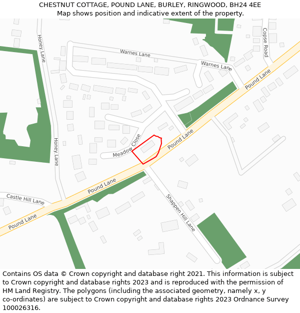 CHESTNUT COTTAGE, POUND LANE, BURLEY, RINGWOOD, BH24 4EE: Location map and indicative extent of plot