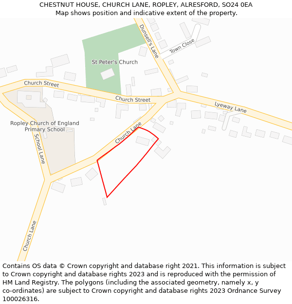 CHESTNUT HOUSE, CHURCH LANE, ROPLEY, ALRESFORD, SO24 0EA: Location map and indicative extent of plot