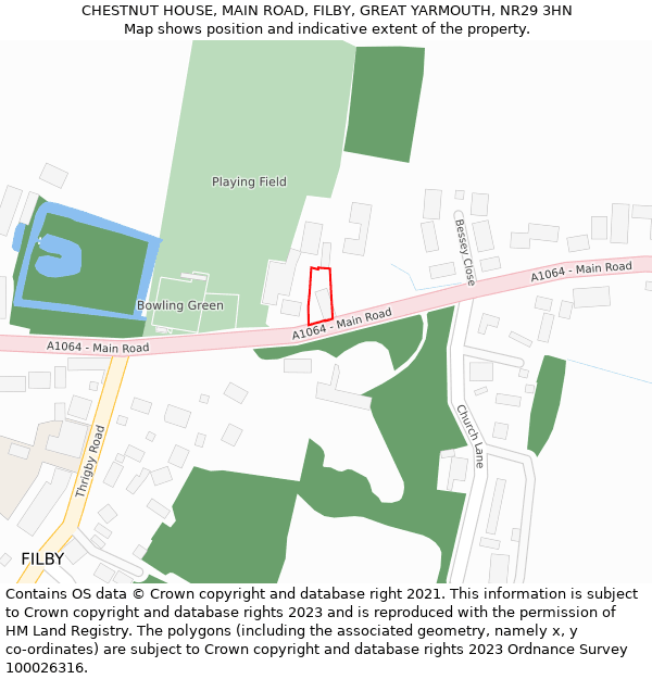 CHESTNUT HOUSE, MAIN ROAD, FILBY, GREAT YARMOUTH, NR29 3HN: Location map and indicative extent of plot