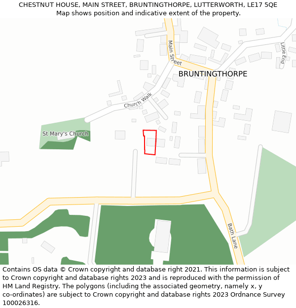 CHESTNUT HOUSE, MAIN STREET, BRUNTINGTHORPE, LUTTERWORTH, LE17 5QE: Location map and indicative extent of plot