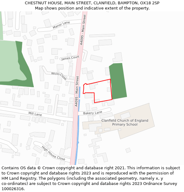 CHESTNUT HOUSE, MAIN STREET, CLANFIELD, BAMPTON, OX18 2SP: Location map and indicative extent of plot