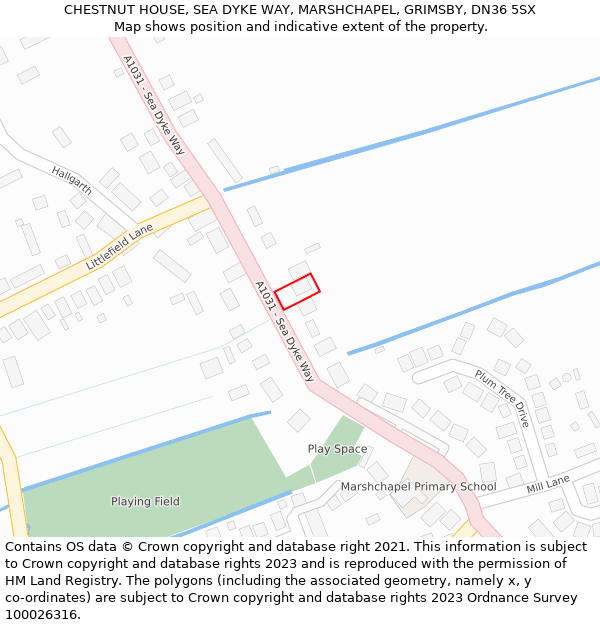 CHESTNUT HOUSE, SEA DYKE WAY, MARSHCHAPEL, GRIMSBY, DN36 5SX: Location map and indicative extent of plot