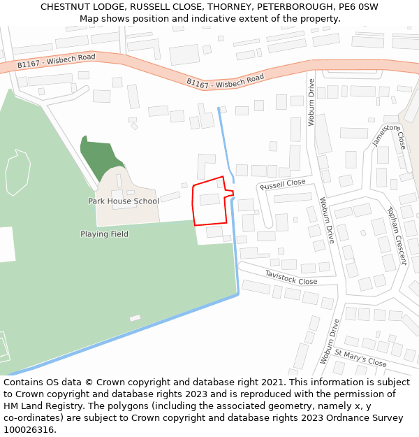 CHESTNUT LODGE, RUSSELL CLOSE, THORNEY, PETERBOROUGH, PE6 0SW: Location map and indicative extent of plot