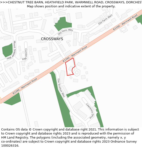 CHESTNUT TREE BARN, HEATHFIELD PARK, WARMWELL ROAD, CROSSWAYS, DORCHESTER, DT2 8BS: Location map and indicative extent of plot
