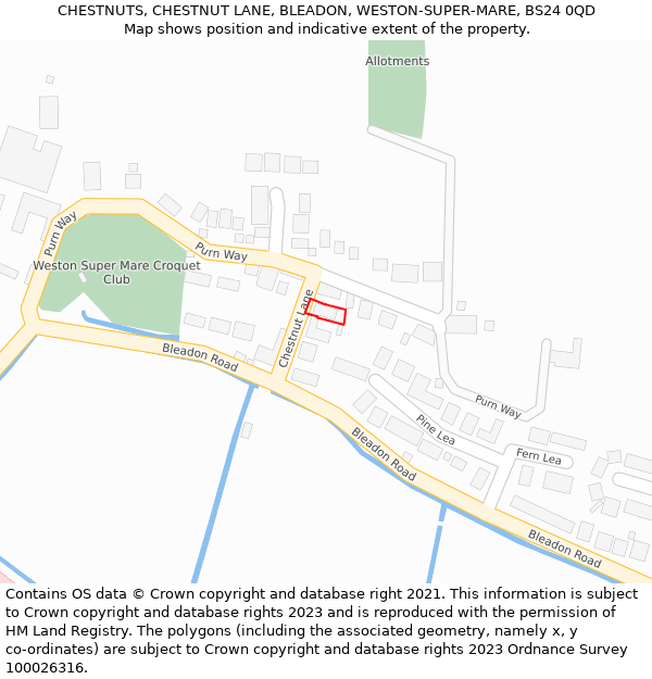 CHESTNUTS, CHESTNUT LANE, BLEADON, WESTON-SUPER-MARE, BS24 0QD: Location map and indicative extent of plot