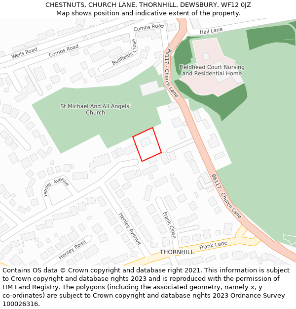 CHESTNUTS, CHURCH LANE, THORNHILL, DEWSBURY, WF12 0JZ: Location map and indicative extent of plot
