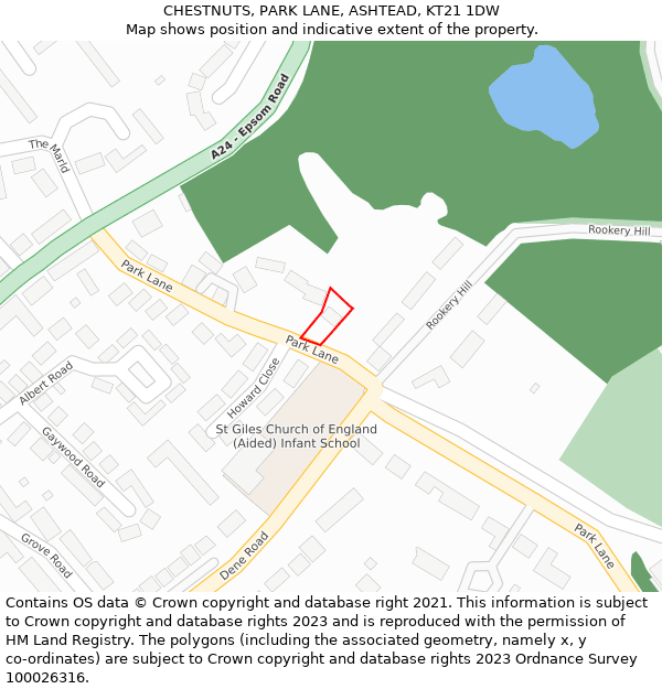 CHESTNUTS, PARK LANE, ASHTEAD, KT21 1DW: Location map and indicative extent of plot
