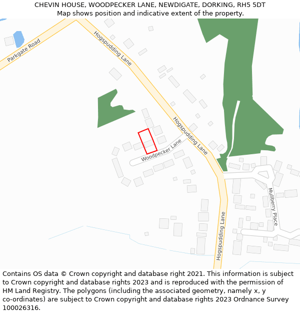 CHEVIN HOUSE, WOODPECKER LANE, NEWDIGATE, DORKING, RH5 5DT: Location map and indicative extent of plot