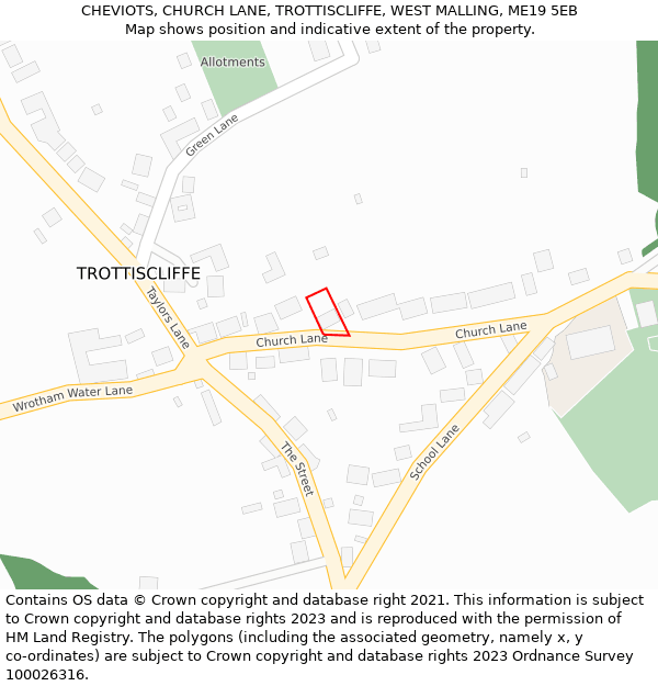 CHEVIOTS, CHURCH LANE, TROTTISCLIFFE, WEST MALLING, ME19 5EB: Location map and indicative extent of plot