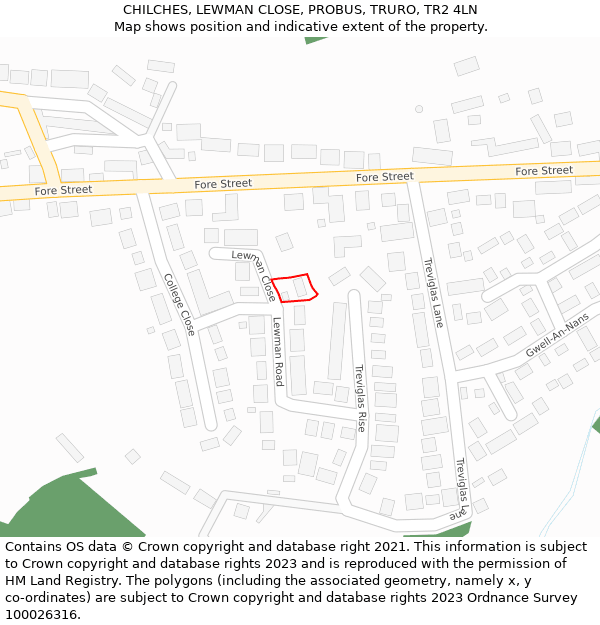CHILCHES, LEWMAN CLOSE, PROBUS, TRURO, TR2 4LN: Location map and indicative extent of plot