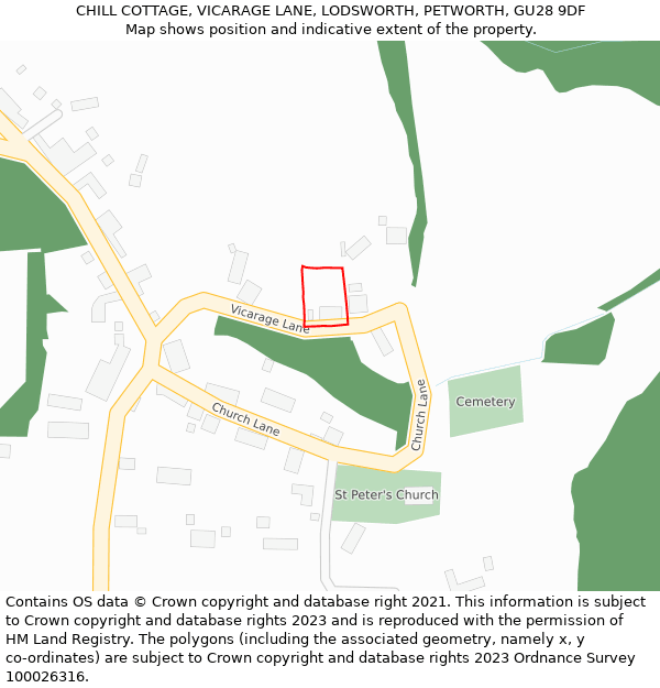 CHILL COTTAGE, VICARAGE LANE, LODSWORTH, PETWORTH, GU28 9DF: Location map and indicative extent of plot