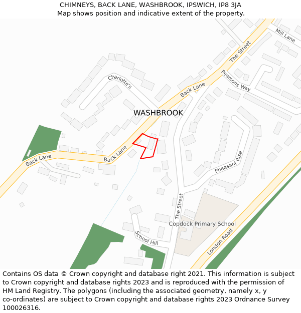 CHIMNEYS, BACK LANE, WASHBROOK, IPSWICH, IP8 3JA: Location map and indicative extent of plot