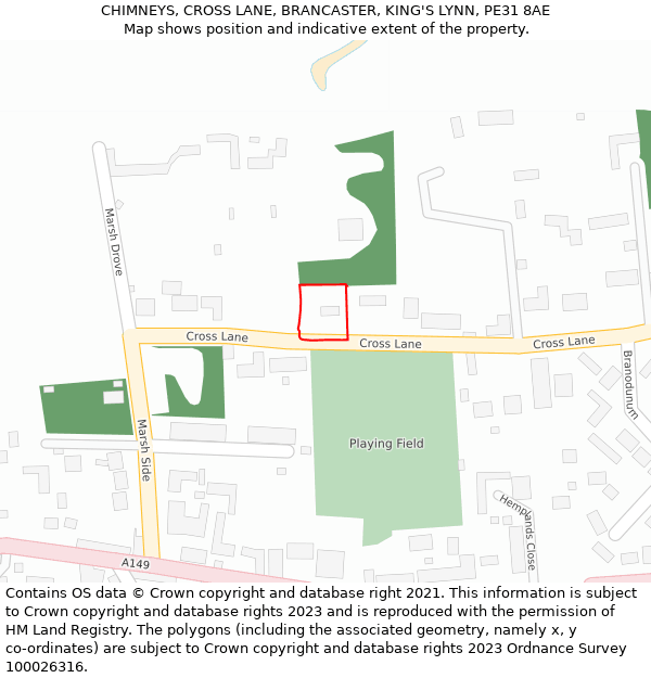 CHIMNEYS, CROSS LANE, BRANCASTER, KING'S LYNN, PE31 8AE: Location map and indicative extent of plot