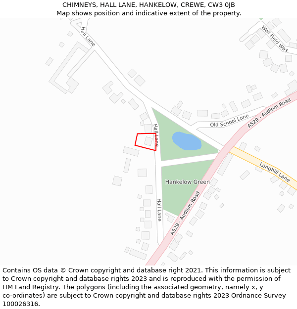 CHIMNEYS, HALL LANE, HANKELOW, CREWE, CW3 0JB: Location map and indicative extent of plot