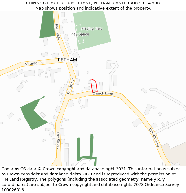 CHINA COTTAGE, CHURCH LANE, PETHAM, CANTERBURY, CT4 5RD: Location map and indicative extent of plot