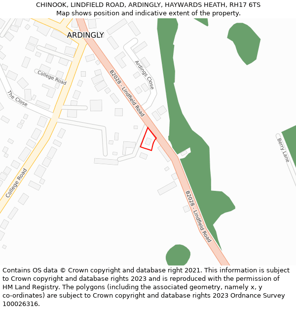 CHINOOK, LINDFIELD ROAD, ARDINGLY, HAYWARDS HEATH, RH17 6TS: Location map and indicative extent of plot