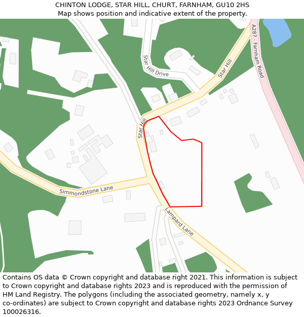 CHINTON LODGE, STAR HILL, CHURT, FARNHAM, GU10 2HS: Location map and indicative extent of plot