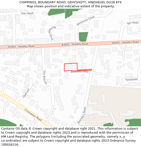 CHIPPINGS, BOUNDARY ROAD, GRAYSHOTT, HINDHEAD, GU26 6TX: Location map and indicative extent of plot