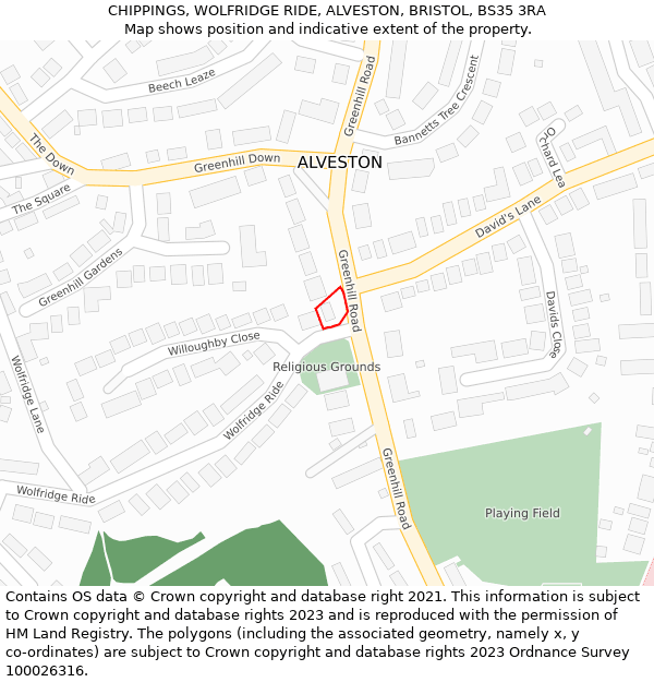 CHIPPINGS, WOLFRIDGE RIDE, ALVESTON, BRISTOL, BS35 3RA: Location map and indicative extent of plot