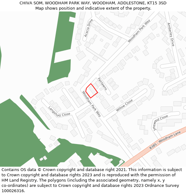 CHIVA SOM, WOODHAM PARK WAY, WOODHAM, ADDLESTONE, KT15 3SD: Location map and indicative extent of plot