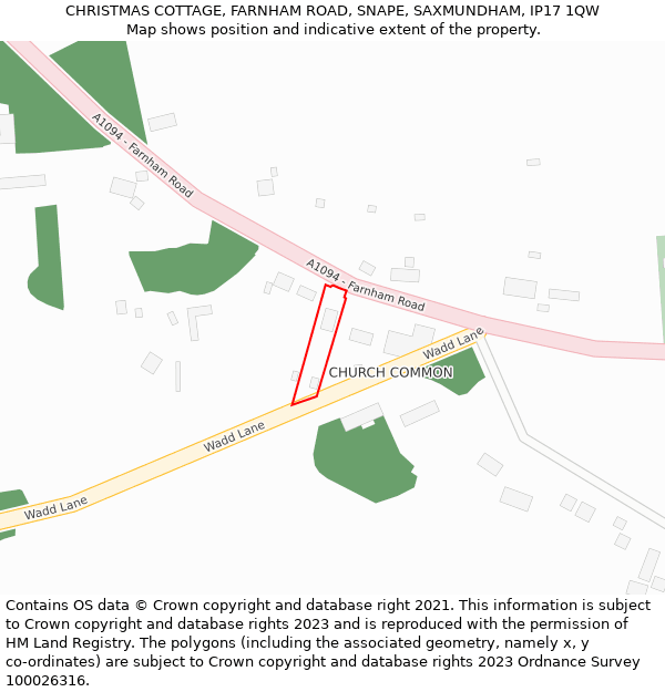 CHRISTMAS COTTAGE, FARNHAM ROAD, SNAPE, SAXMUNDHAM, IP17 1QW: Location map and indicative extent of plot