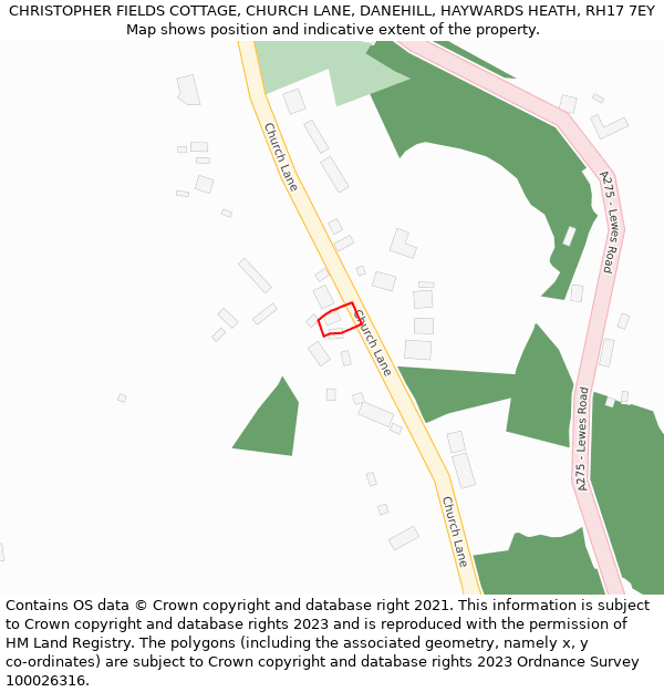 CHRISTOPHER FIELDS COTTAGE, CHURCH LANE, DANEHILL, HAYWARDS HEATH, RH17 7EY: Location map and indicative extent of plot