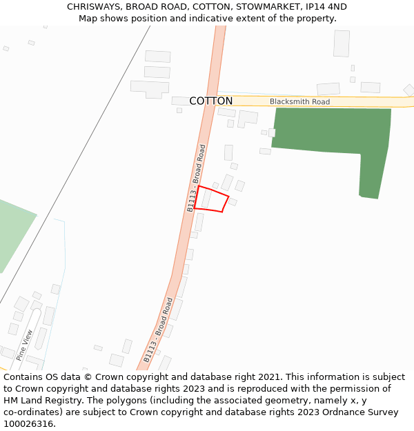 CHRISWAYS, BROAD ROAD, COTTON, STOWMARKET, IP14 4ND: Location map and indicative extent of plot