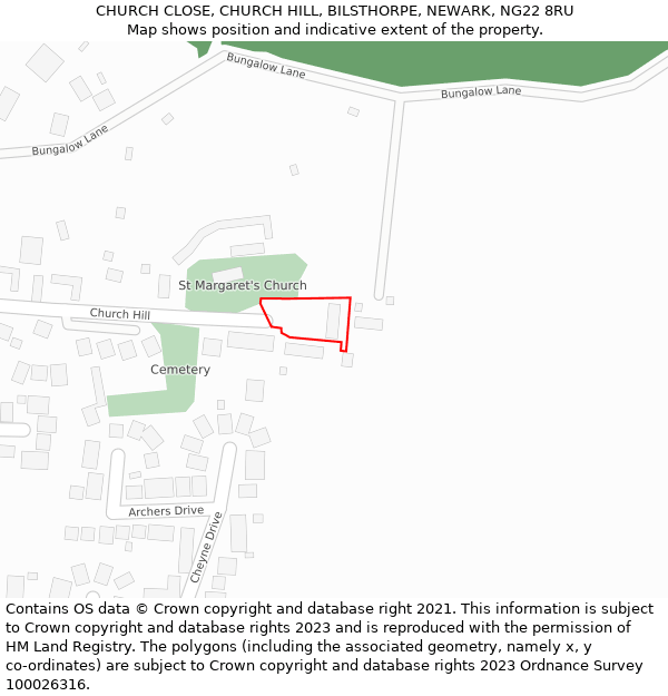 CHURCH CLOSE, CHURCH HILL, BILSTHORPE, NEWARK, NG22 8RU: Location map and indicative extent of plot