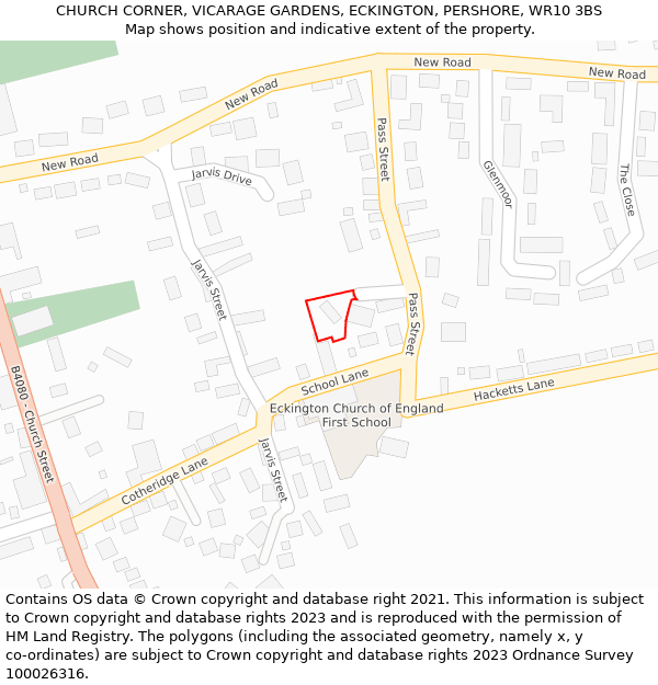 CHURCH CORNER, VICARAGE GARDENS, ECKINGTON, PERSHORE, WR10 3BS: Location map and indicative extent of plot