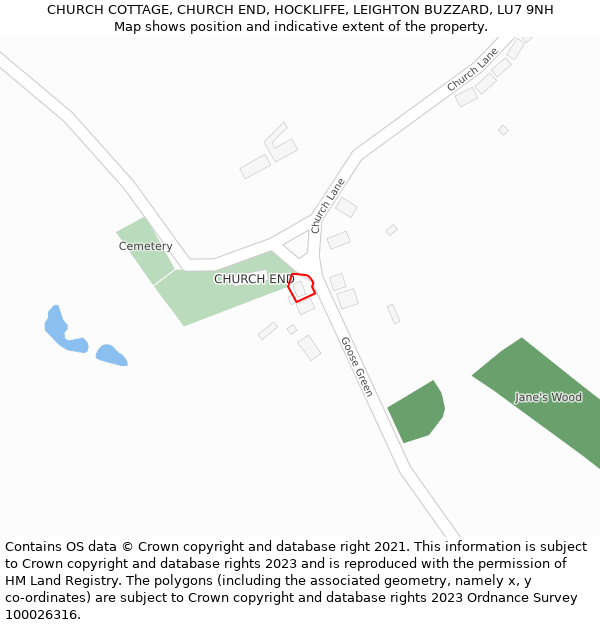 CHURCH COTTAGE, CHURCH END, HOCKLIFFE, LEIGHTON BUZZARD, LU7 9NH: Location map and indicative extent of plot