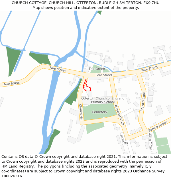 CHURCH COTTAGE, CHURCH HILL, OTTERTON, BUDLEIGH SALTERTON, EX9 7HU: Location map and indicative extent of plot