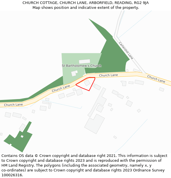 CHURCH COTTAGE, CHURCH LANE, ARBORFIELD, READING, RG2 9JA: Location map and indicative extent of plot