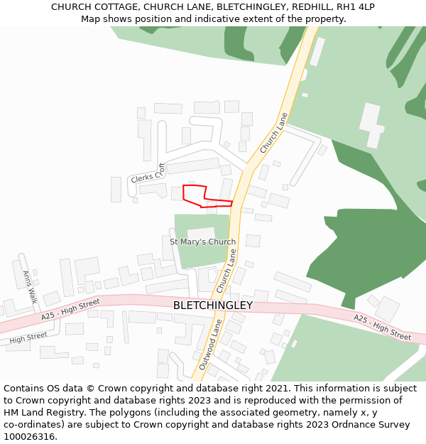 CHURCH COTTAGE, CHURCH LANE, BLETCHINGLEY, REDHILL, RH1 4LP: Location map and indicative extent of plot