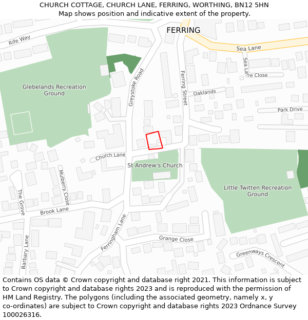 CHURCH COTTAGE, CHURCH LANE, FERRING, WORTHING, BN12 5HN: Location map and indicative extent of plot