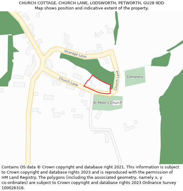 CHURCH COTTAGE, CHURCH LANE, LODSWORTH, PETWORTH, GU28 9DD: Location map and indicative extent of plot