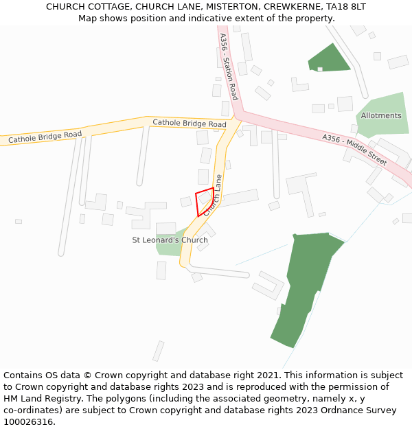 CHURCH COTTAGE, CHURCH LANE, MISTERTON, CREWKERNE, TA18 8LT: Location map and indicative extent of plot