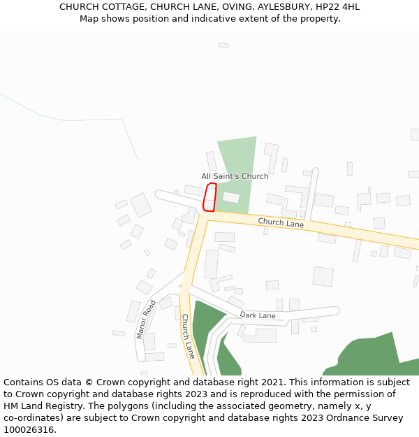 CHURCH COTTAGE, CHURCH LANE, OVING, AYLESBURY, HP22 4HL: Location map and indicative extent of plot