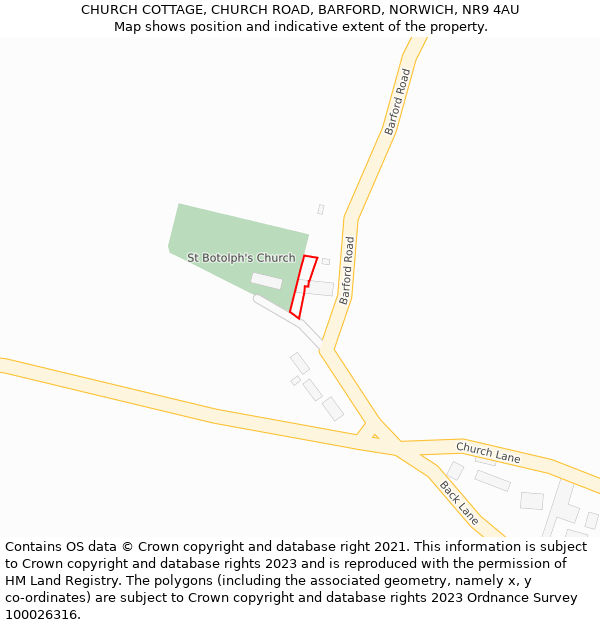 CHURCH COTTAGE, CHURCH ROAD, BARFORD, NORWICH, NR9 4AU: Location map and indicative extent of plot