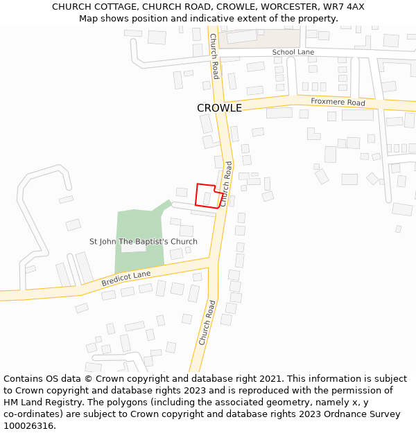 CHURCH COTTAGE, CHURCH ROAD, CROWLE, WORCESTER, WR7 4AX: Location map and indicative extent of plot