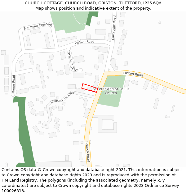 CHURCH COTTAGE, CHURCH ROAD, GRISTON, THETFORD, IP25 6QA: Location map and indicative extent of plot