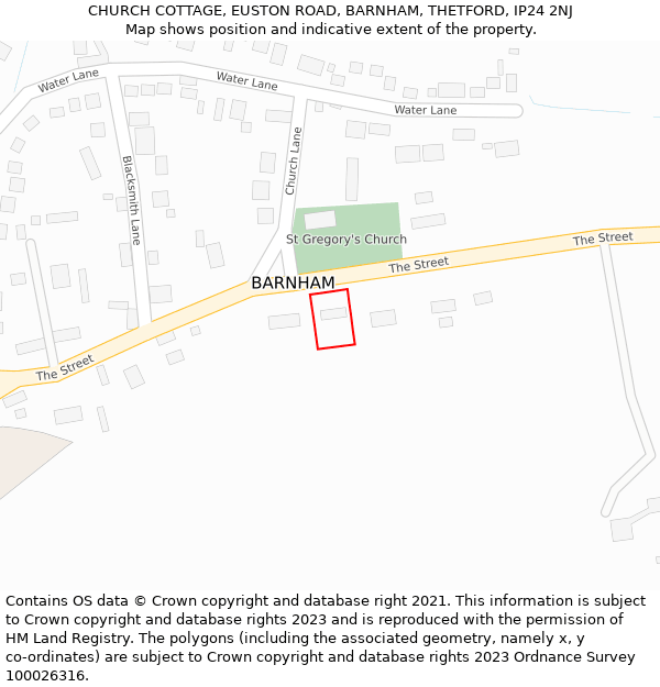 CHURCH COTTAGE, EUSTON ROAD, BARNHAM, THETFORD, IP24 2NJ: Location map and indicative extent of plot