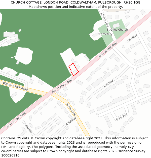 CHURCH COTTAGE, LONDON ROAD, COLDWALTHAM, PULBOROUGH, RH20 1GG: Location map and indicative extent of plot