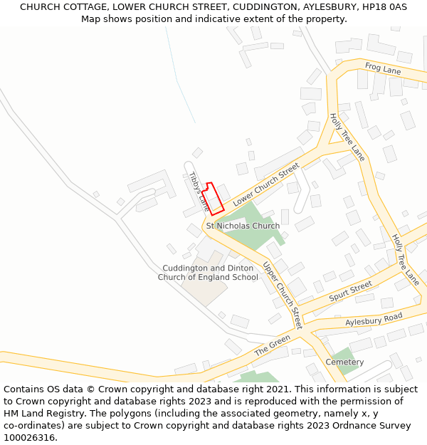 CHURCH COTTAGE, LOWER CHURCH STREET, CUDDINGTON, AYLESBURY, HP18 0AS: Location map and indicative extent of plot